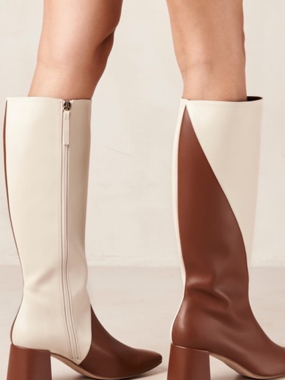 Alohas Two-Tone Brown and Cream Knee-High Block Heel Boots - Women's - Picture 3 of 5